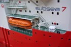 Triple deck pipe laying vessel - walkway and life boat details. Marine model - ship model.