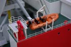 Triple deck pipe laying vessel - man overboard RIB cradle details. Marine model - ship model.
